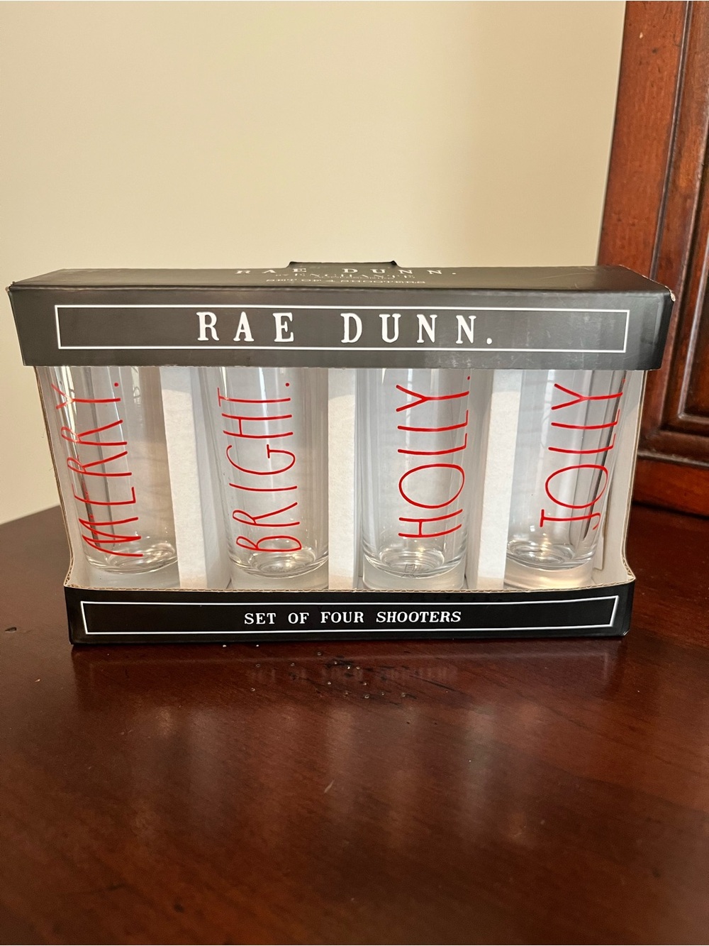 Rae Dunn Holiday Shooter Glasses - Merry Bright Holly Jolly